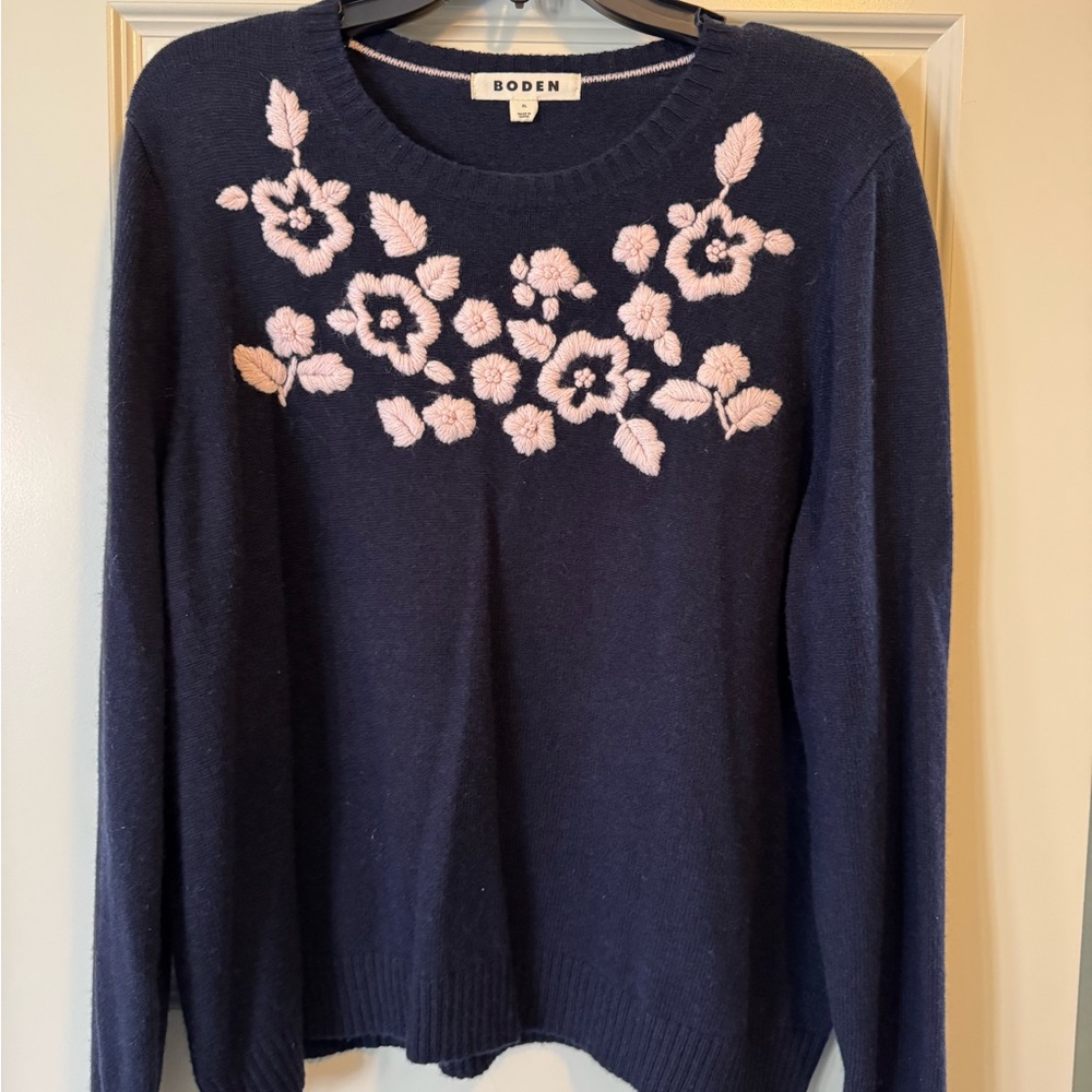 Boden Dark Blue Sweater with Light Pink Floral Accents